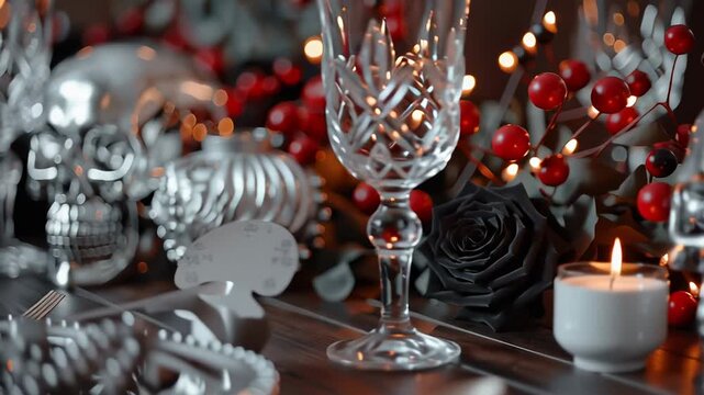 Gothic Halloween table setting showcases a striking silver skull centerpiece surrounded by elegant crystal glassware. Dark floral accents and warm candlelight create a mysterious atmosphere