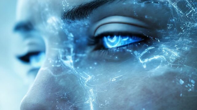 A captivating digital illustration reveals a close up view of a human eye infused with glowing technology.