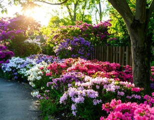 Vibrant azalea garden bathed in sunlight