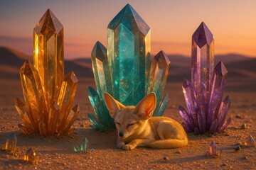 Fennec fox resting peacefully in desert shade beside luminous colorful crystal spires at sunset