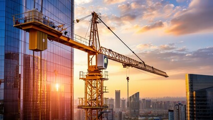Fototapeta premium Construction Crane in Golden Hour: A towering construction crane poised against a backdrop of urban skyscrapers at sunset. The warm, golden light bathes the scene.