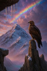 Golden eagle perched on rocky peak with rainbow and monsoon clouds over Himalayan mountain ridge