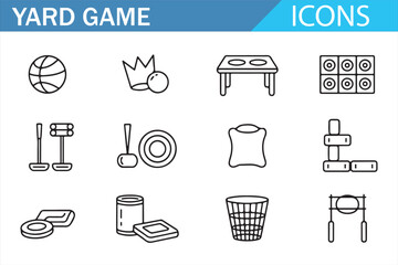 A set of hand-drawn icons of yard games including basketball, cornhole, and horseshoes.