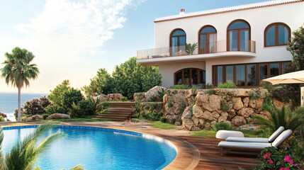 Luxury villa with ocean view and private pool surrounded by lush greenery