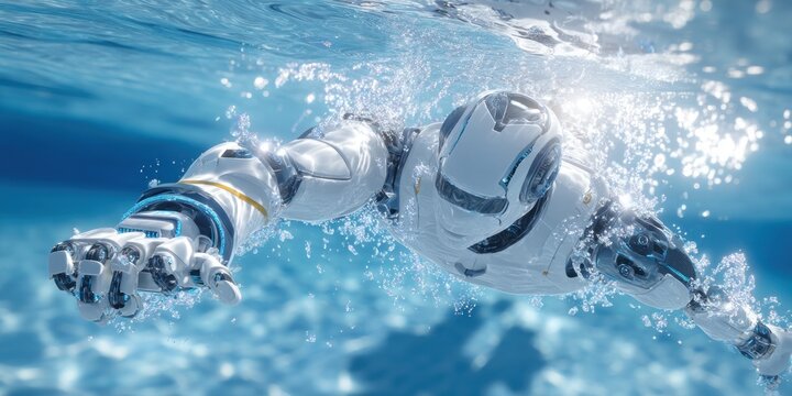 Robot swimming underwater with bubbles in a futuristic style image - Powered by Adobe