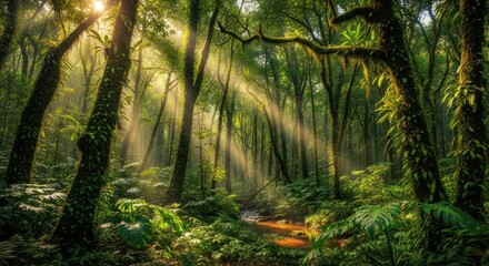Obraz premium Ethereal Sunbeams Illuminate a Verdant Rainforest and Amber Creek