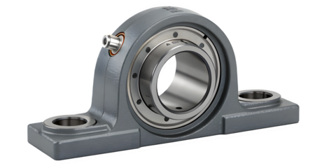 Pillow block bearing unit isolated on transparent background for industrial machinery