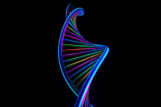 Vibrant DNA Double Helix – Multicolored Genetic Strand in Blue, Purple, Green, and Red on Black Background for Futuristic Science and Medical Visuals