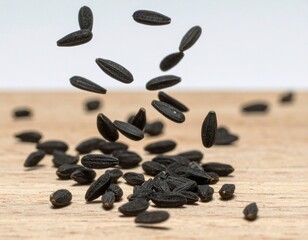 Close-up of black cumin seeds floating mid-air above a wooden surface