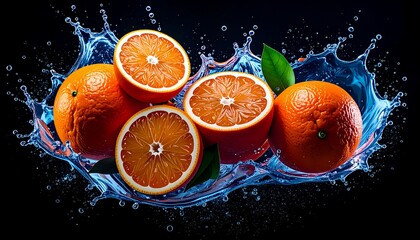 Fresh oranges with water splash creating a refreshing and vibrant imagery for healthy lifestyle