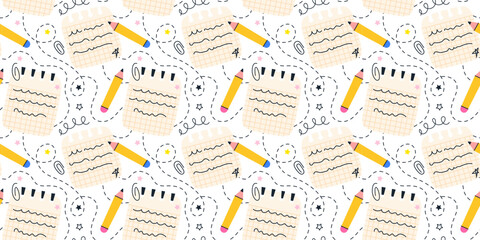 Seamless pattern with notebooks, pencils, and doodles. Cute school themed design with grid paper, stars, and scribbles on white background.
