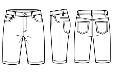 Mens Denim Shorts Technical Blueprint | Flat Fashion Mockup Template for Clothing Design and Apparel Branding