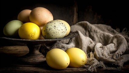 Still life of various colored eggs on a rustic tray