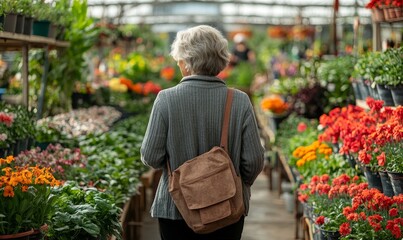 Senior woman walking through a garden, surrounded by blooming spring flowers, enjoying a peaceful outdoor experience in a garden center, Generative AI