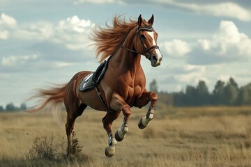 Majestic horse galloping across an open field under a cloudy sky