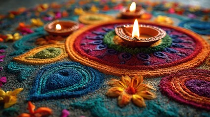 Nine Nights Navratri Festival Close-Up of Rangoli Patterns Made with Bright Powders, Flower Petals Surrounding Diyas, Detailed Texture, Festive Creativity, Cultural Expression, Authentic Realism, Vibr