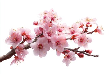 Delicate branch of blossoming pink flowers against white background