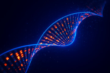 Deoxyribonucleic Acid - Glowing DNA Double Helix Background – Futuristic Blue and Red Genetic Strand on Dark Backdrop for Science, Technology, and Medical Design Projects