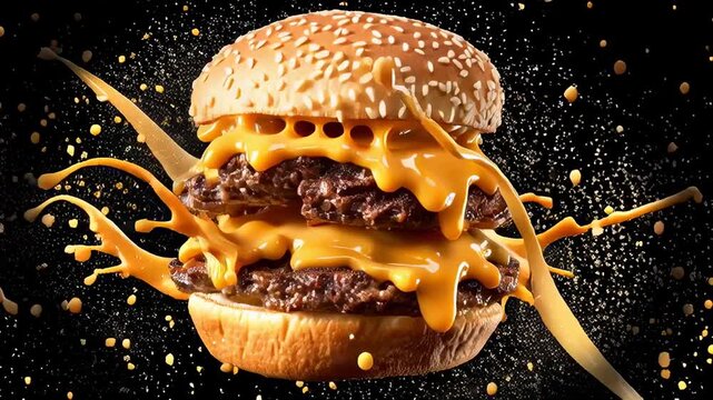 Juicy double burger topped with melted cheese sauce bursting with flavor. Perfect for fast food promotion, restaurant marketing, food blogs. Captivating snack appeal in dark setting