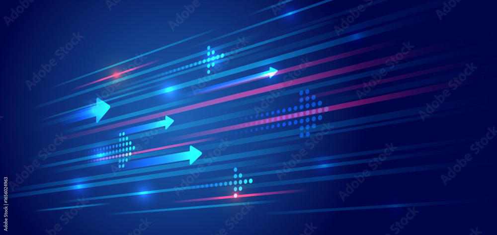 Wall mural futuristic background with horizontal arrows and digital elements symbolizing growth, development an
