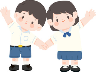Cartoon Illustration of Students Holding Hands saying hi or bye to school