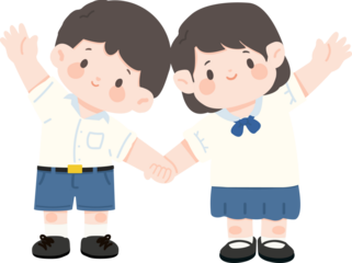 Cartoon Illustration of Students Holding Hands saying hi or bye to school