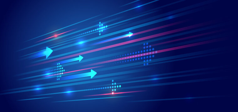 Futuristic background with horizontal arrows and digital elements symbolizing growth, development and technology. Ideal for business presentations, banners and IT design.