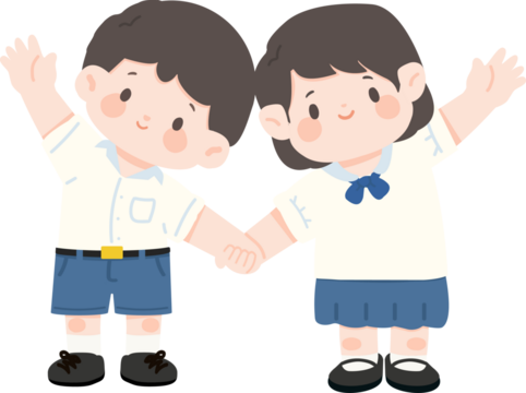 Cartoon Illustration of Students Holding Hands saying hi or bye to school