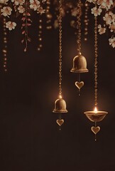 Obraz premium Golden bells and lamps hang in a floral setting