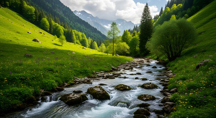 Majestic mountain stream flowing through verdant valley offering serene scenery and invigorating natural beauty captivating viewers with its lush greenery and tranquil waters suggesting exploration