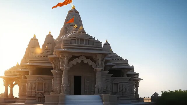 Dwarka City: Majestic Hindu Temple Revealed in a Cinematic Pan During a Golden Hour Sunset.
