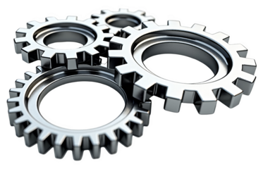 Teamwork and mechanical synergy illustrated by interconnected metal gears in closeup isolated on transparent background