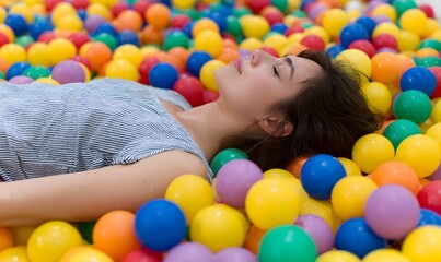 Obraz premium person lying on their back in a colorful ball pit, most of the torso submerged and hidden beneath the balls