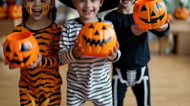 Three children in Halloween costumes showcase their pumpkin buckets while looking at camera. Indoor setting filled with festive decorations creates a joyful atmosphere