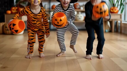Three children dressed in Halloween costumes pose cheerfully while holding orange buckets decorated as pumpkins. The setting includes various spooky decorations like carved pumpkins