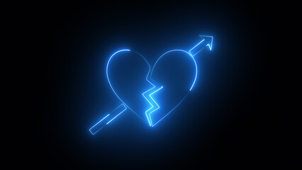 Neon broken heart and arrow, heart with arrow. Broken heart animation.