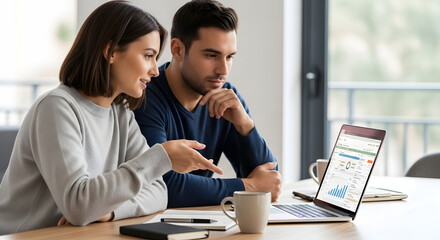 Collaborative financial analysis between a couple utilizing a laptop showcasing data charts and graphs near a sunlit window providing insightful perspectives on investment portfolios and family