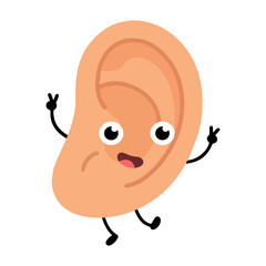 Funny cartoon ear character vector illustration. Cute human ear with smiling face and peace hand gesture, perfect for health, anatomy, and kids design.