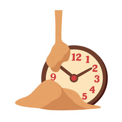 Clock covered with falling sand vector illustration in flat style, creative concept of time passing, deadline and mortality, perfect for business, philosophy and life design themes.