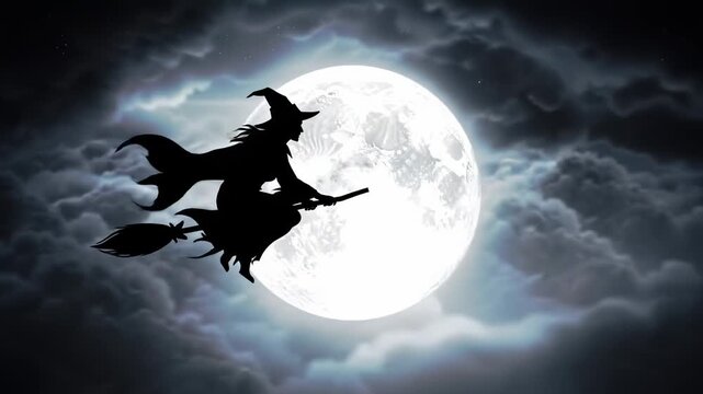Eerie halloween fotage captures a classic witch silhouette flying on a broomstick against a giant, luminous full moon.
