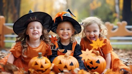 Three cheerful children in playful Halloween costumes laugh and show their carved pumpkins. Colorful autumn leaves cover the ground in a festive outdoor setting - Powered by Adobe
