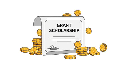 Securing grant scholarship funding represented by a diploma and stacks of golden coins ideal for educational materials highlighting financial aid and academic achievements symbolizing success.