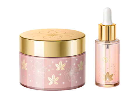 Pink cosmetic jar and dropper bottle with gold accents isolated on a transparent background