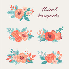 Floral bouquets. Flowers, berries and leaves