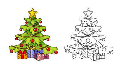 Christmas tree with gifts. Merry Christmas and Happy New Year. Black and white vector illustration for coloring book with example in color