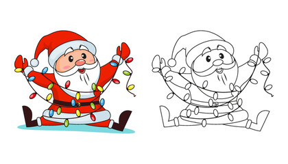 Santa Claus got tangled in Christmas lights. Merry Christmas and Happy New Year. Black and white vector illustration for coloring book with example in color
