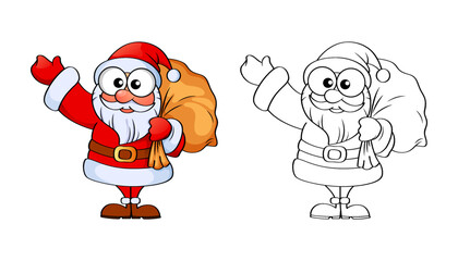 Santa claus with Christmas gifts bag. Merry Christmas and Happy New Year. Black and white illustration for coloring book with example in color