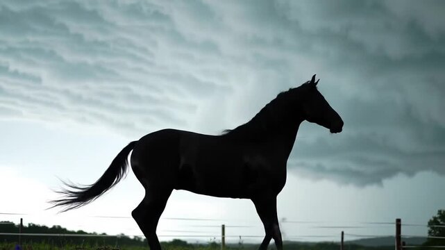 Black horse silhouette against stormy clouds