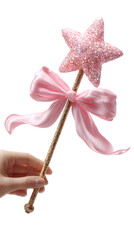 Fototapeta premium Star Magic Wand with Ribbon Bow. Pastel Witchy Prop for Halloween, Valentines and Fantasy Design. isolated on transparent background with clipping path