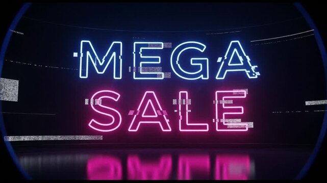 Dynamic neon MEGA SALE sign with glitch effect, perfect for advertising and promotions, set against a dark background with reflective floor for visual impact.